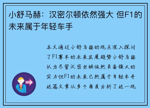 小舒马赫：汉密尔顿依然强大 但F1的未来属于年轻车手