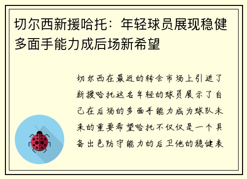 切尔西新援哈托：年轻球员展现稳健多面手能力成后场新希望