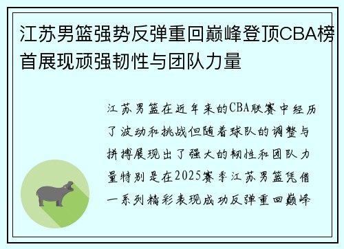 江苏男篮强势反弹重回巅峰登顶CBA榜首展现顽强韧性与团队力量